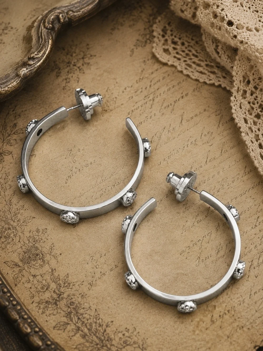 TORY BURCH • Silver Milgrain Logo Hoop Earrings Includes Tory Burch Jewelry Bag